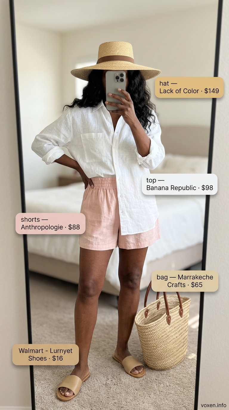 Elegant summer outfit for women over 60 2026: Blush pink linen shorts set with straw hat and tote for vacation.