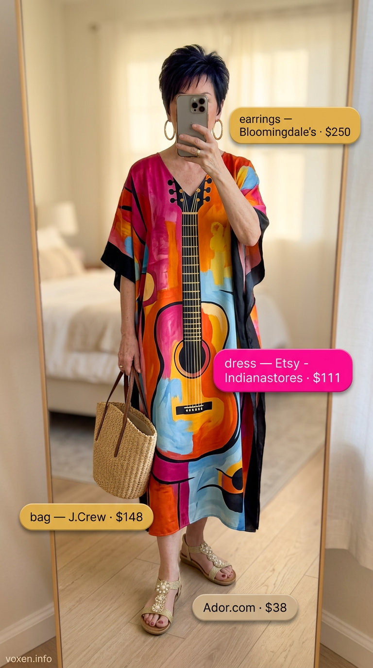 Elegant summer outfit for women over 60 2026: Fuchsia/orange print maxi caftan dress, straw tote, embellished sandals.