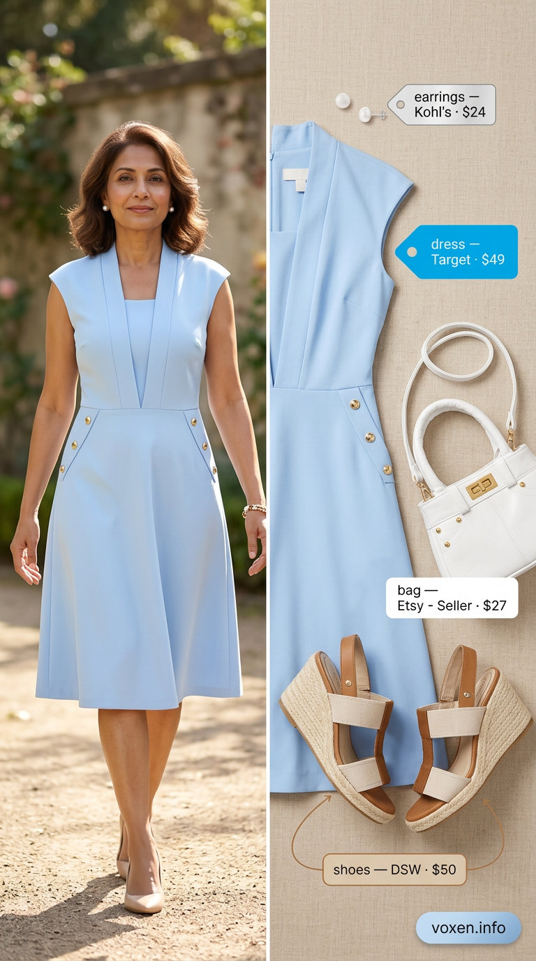 Elegant summer outfit for women over 60 2026: Light blue linen midi dress, white espadrilles, structured bag, pearl earrings.