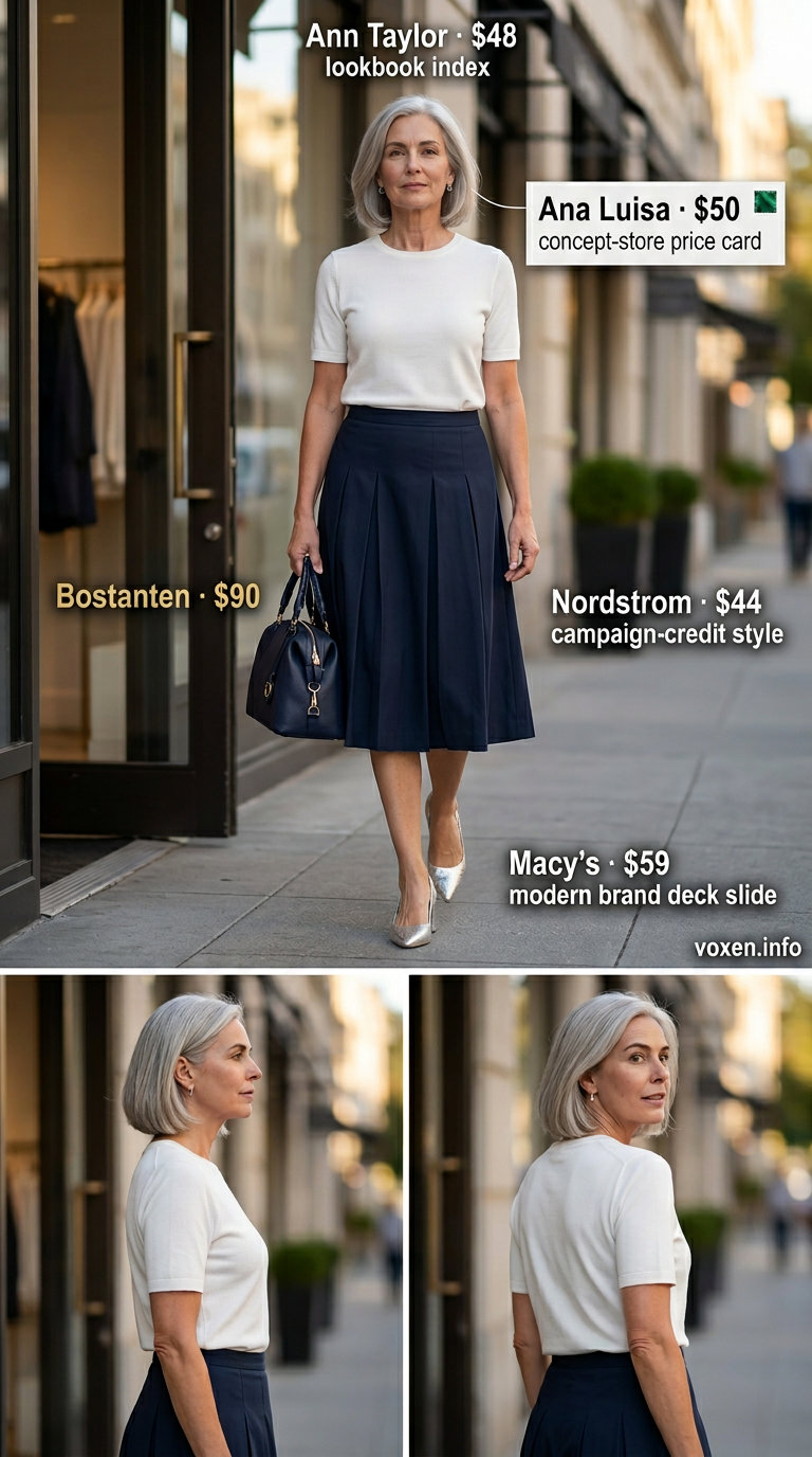 Elegant summer outfit for women over 60 2026: Navy pleated midi skirt, white knit top, silver pumps, silver earrings.