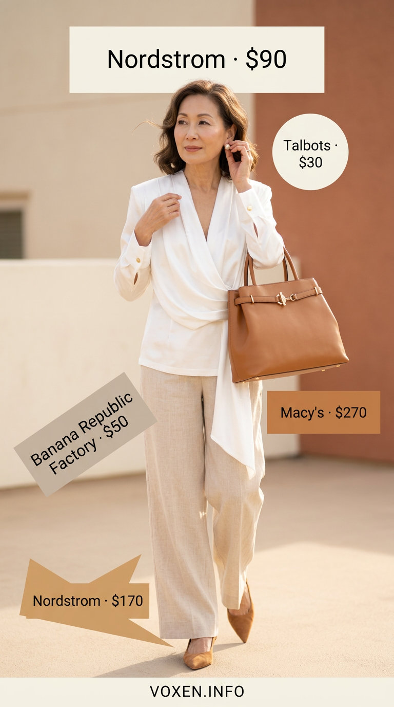 Elegant summer outfit for women over 60 2026: Beige trousers, ivory blouse, kitten heels for summer events.