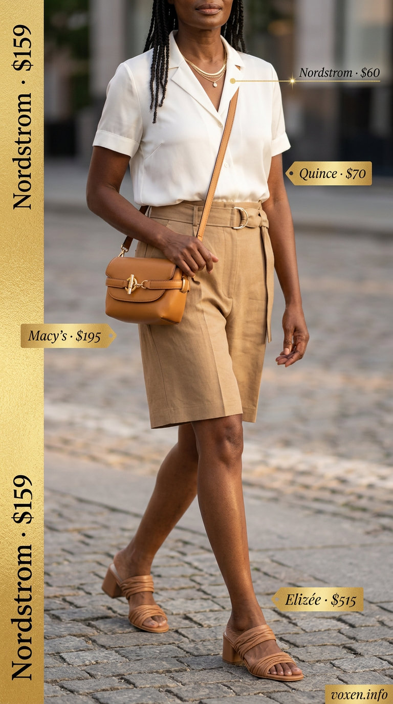 Elegant summer outfit for women over 60 2026: Camel linen shorts, ivory silk blouse, block heels, gold jewelry.