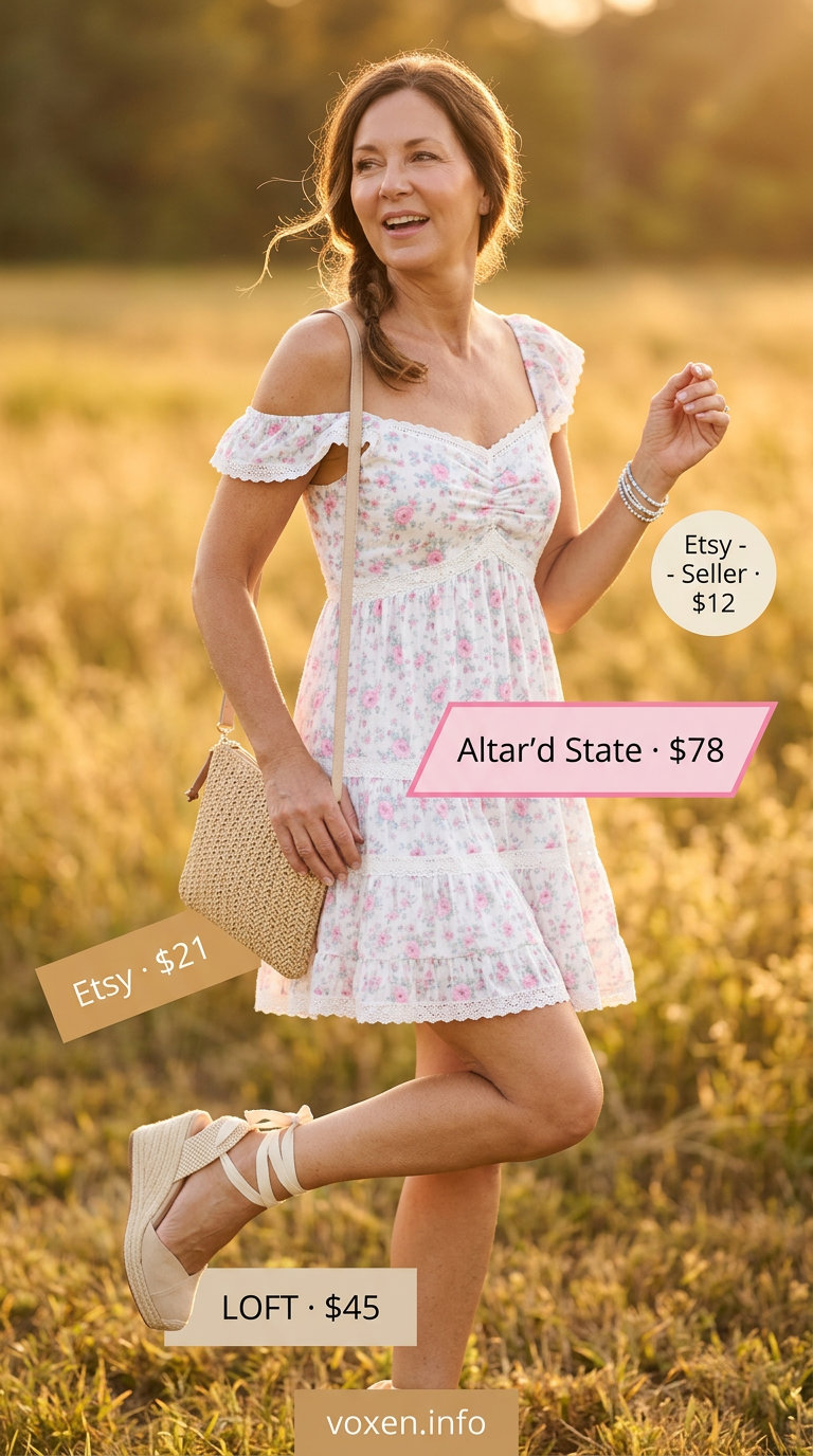 Elegant summer outfit for women over 60 2026: Pastel pink floral mini sundress, espadrille wedges, and straw bag for casual daytime.