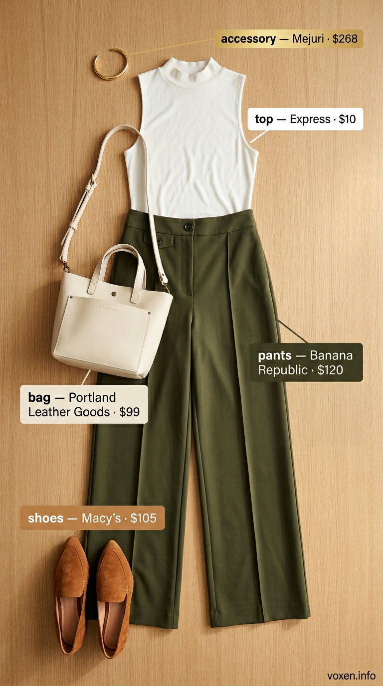 Elegant summer outfit for women over 60 2026: Olive wide-leg pants, cream sleeveless top, leather loafers, gold bracelet.