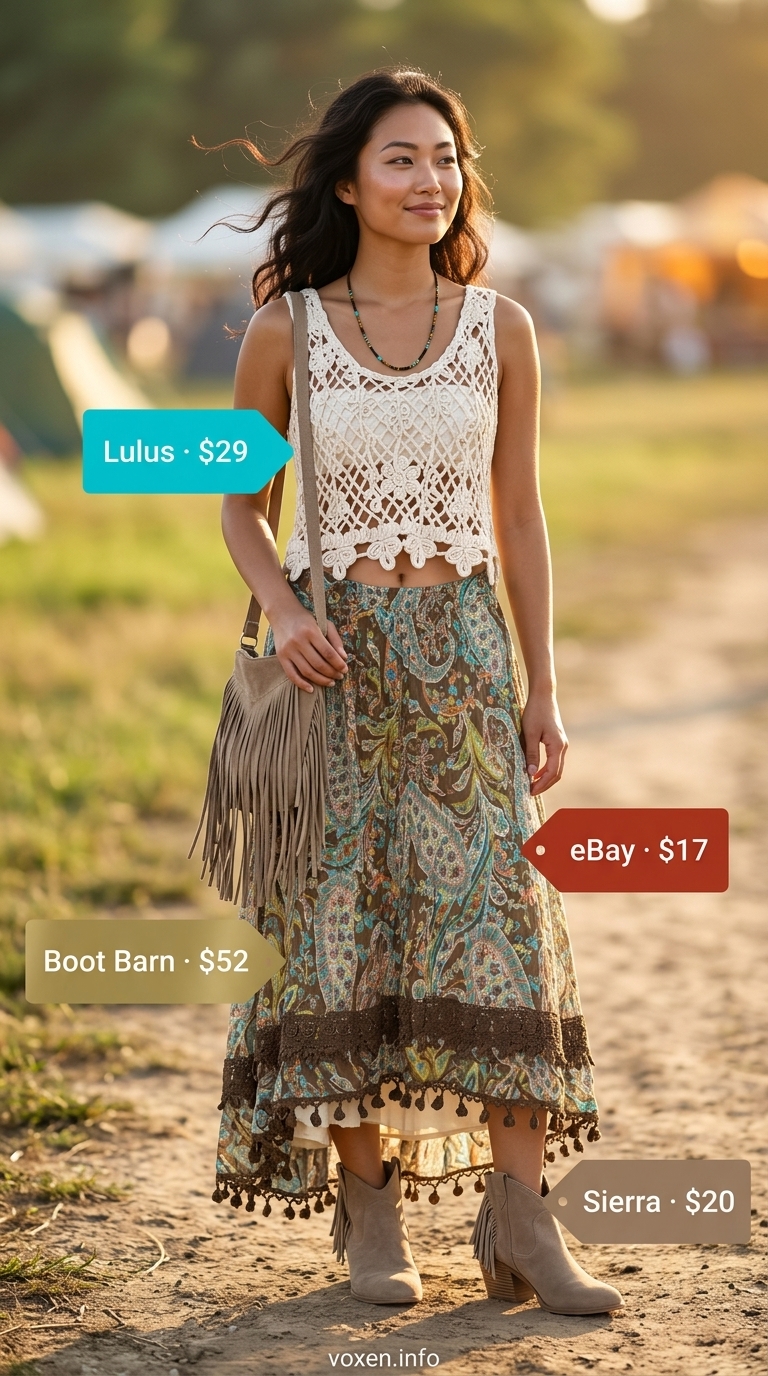 Flowy maxi skirt outfits summer 2026: Earth tone tiered skirt with crochet top and suede boots for festival.
