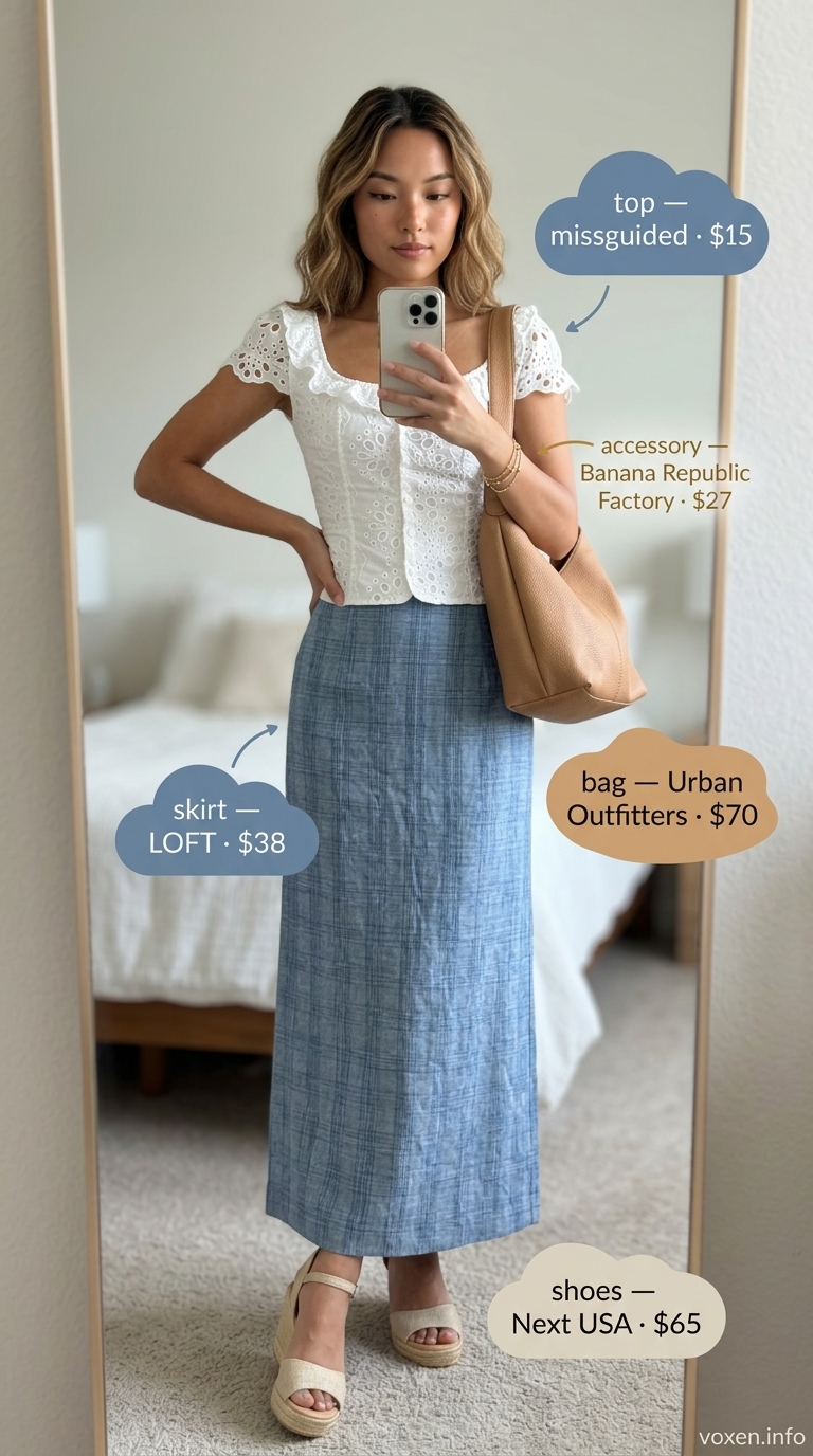 Charming chambray denim flowy maxi skirt with white eyelet top and espadrille wedges.