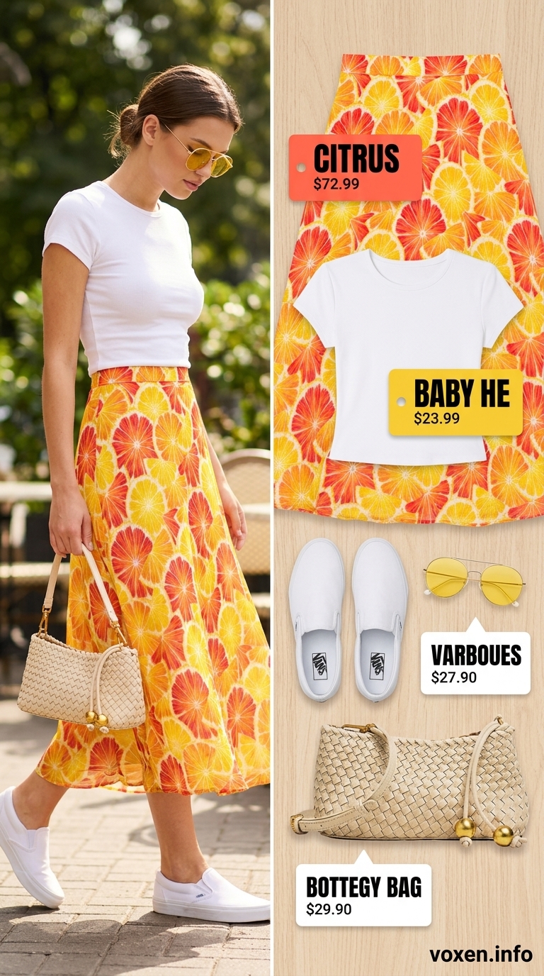 Flowy maxi skirt outfits summer 2026: Yellow citrus print skirt with white tee and sneakers for a day party.
