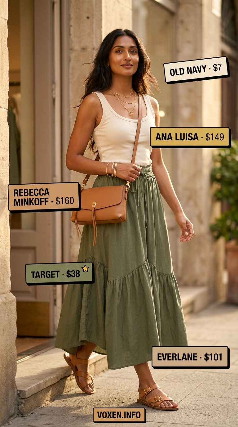 Coastal breeze outfit with olive green flowy maxi skirt, cream tank top, and leather sandals.