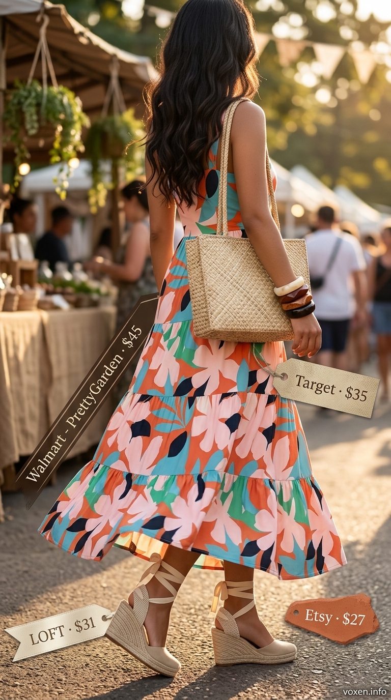 Vibrant floral print flowy maxi dress with espadrille wedges and straw tote for summer.