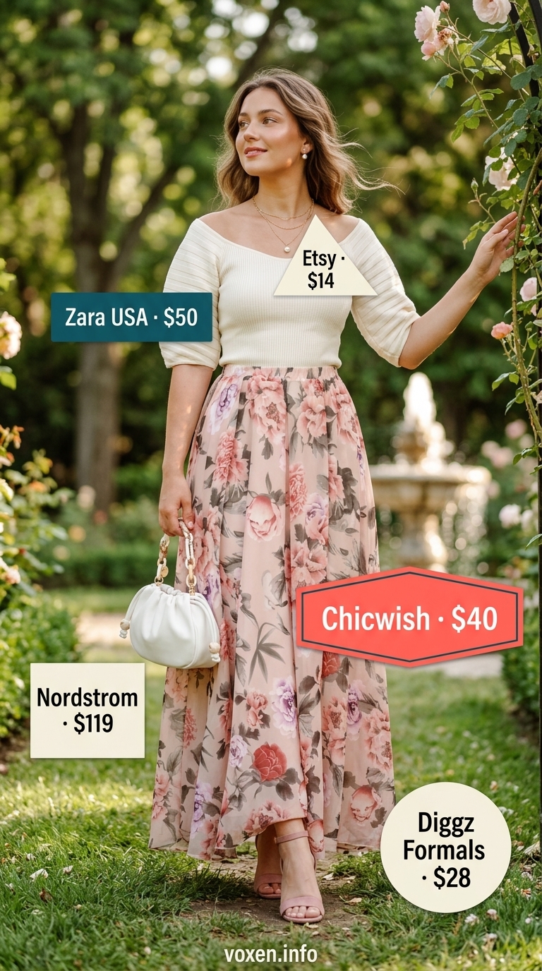 Flowy maxi skirt outfits summer 2026: Pastel floral maxi skirt with puff sleeve top for garden party.