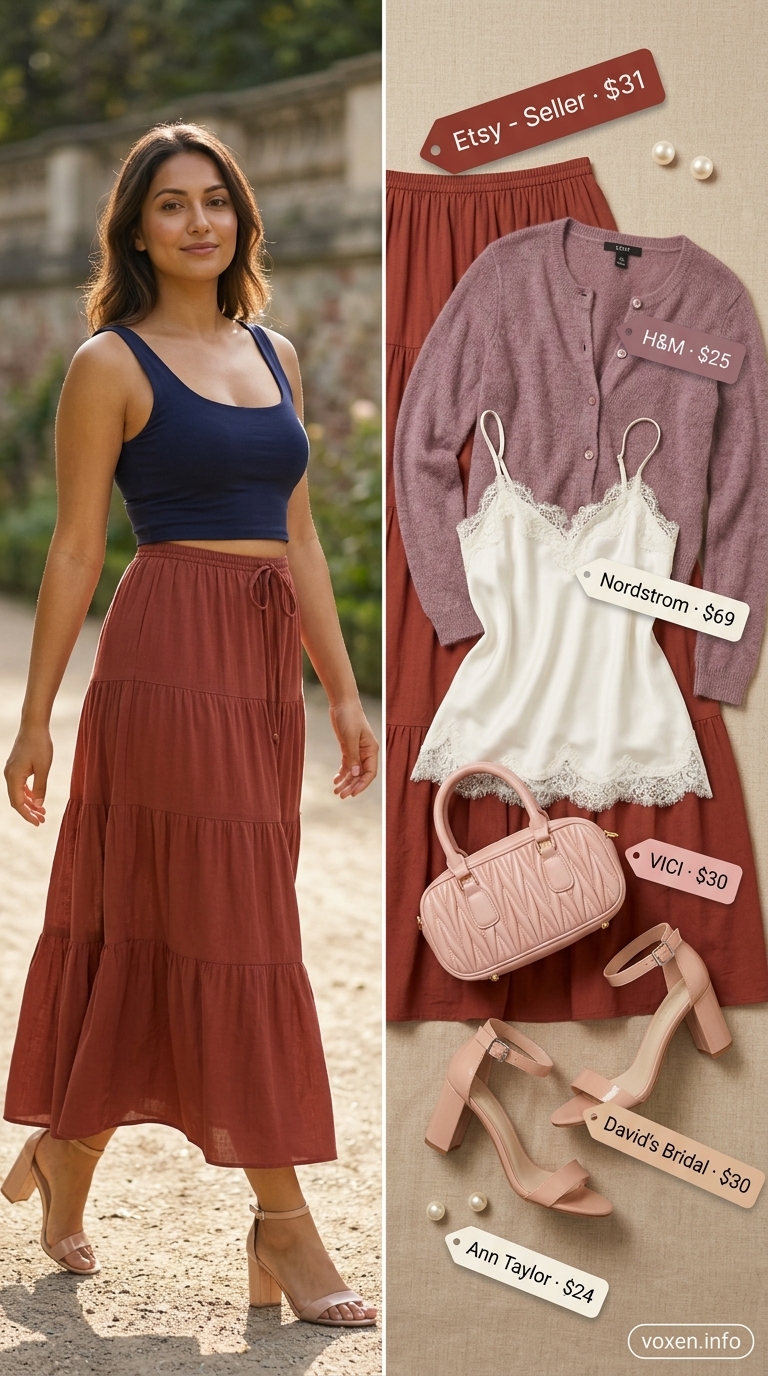 Flowy maxi skirt outfits summer 2026: Pastel floral midi skirt with knit cardigan for garden party.