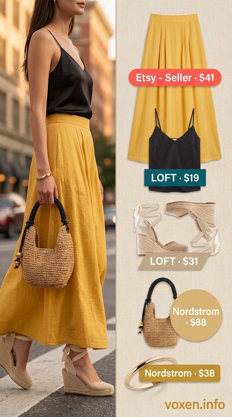 Flowy maxi skirt outfits summer 2026: Golden yellow skirt with black camisole and espadrilles for evening drinks.