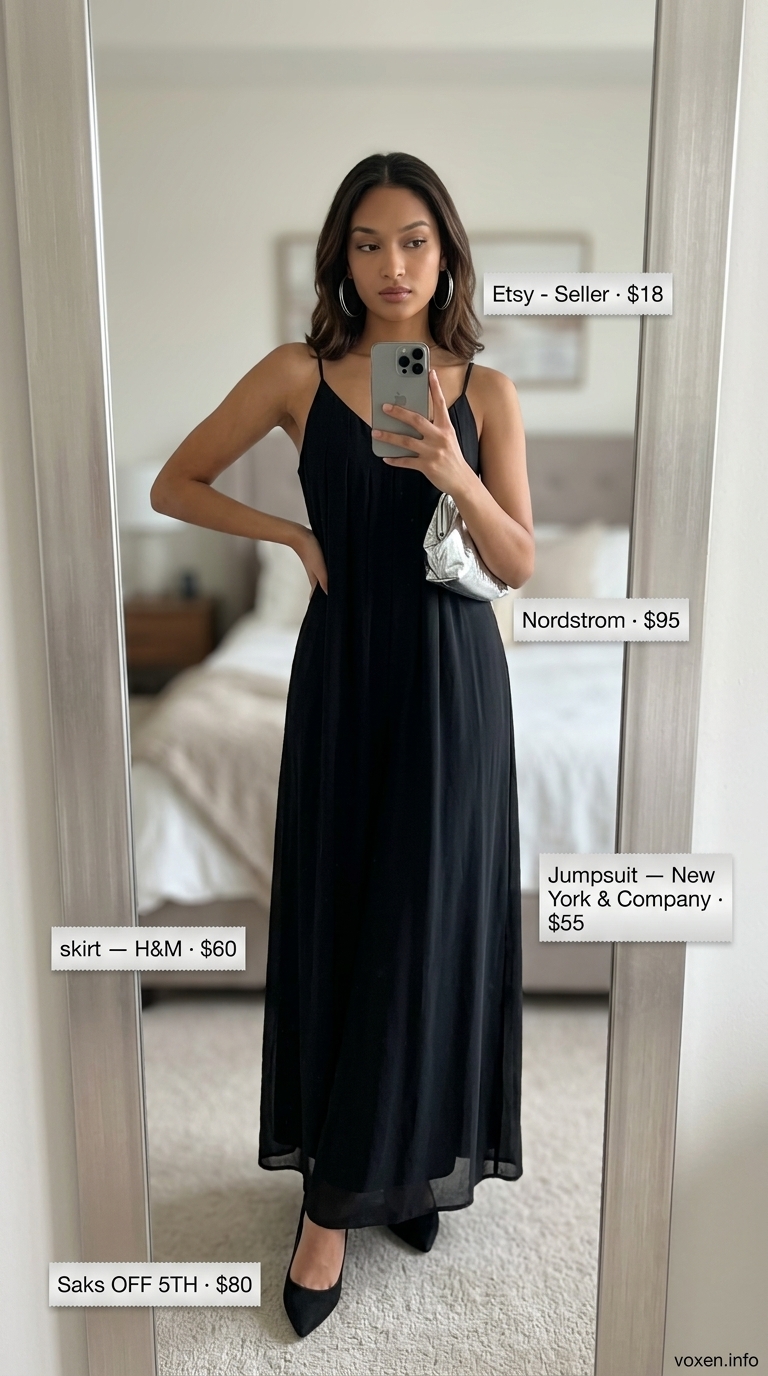 Modern minimalist black jumpsuit with silver accessories for an evening event. Flowy maxi skirt style.