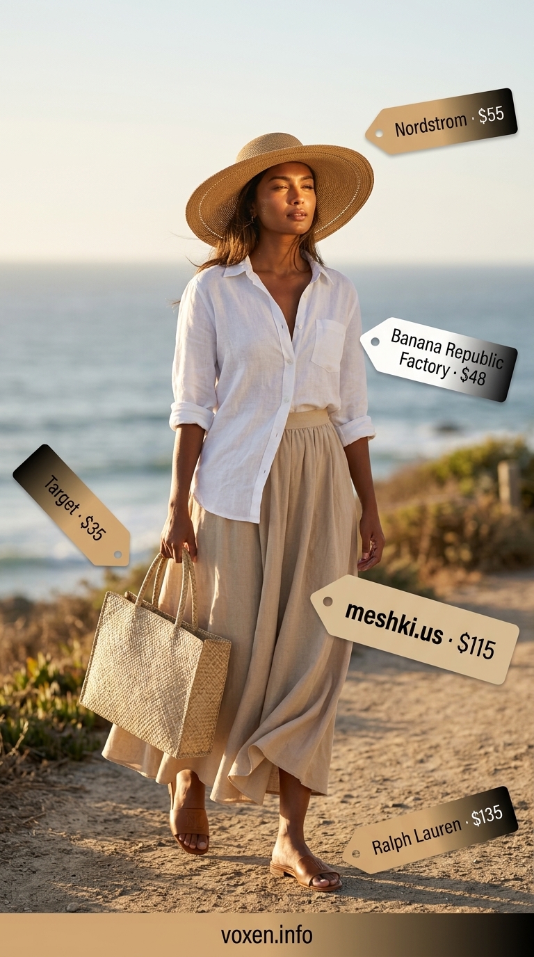Flowy maxi skirt outfits summer 2026: Beige linen skirt with white linen shirt and straw hat for beach day.