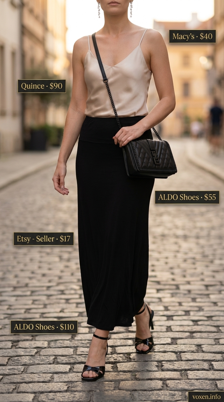 Elegant champagne satin slip dress with silver accessories for a date night.