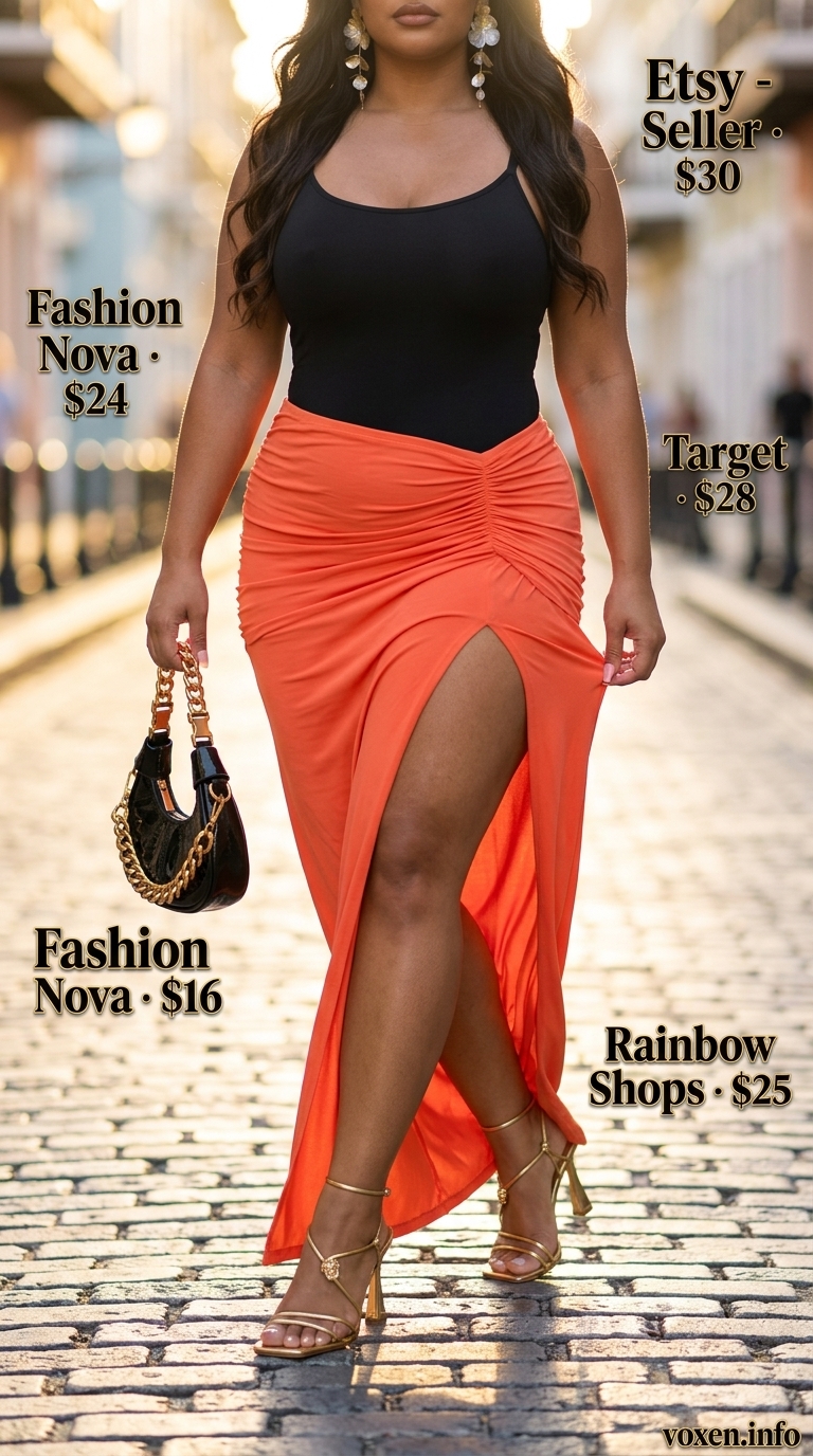 Flowy maxi skirt outfits summer 2026: Coral satin skirt with black bodysuit and gold heels for evening event.