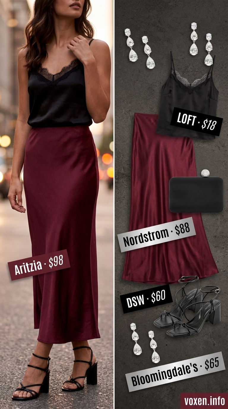 Flowy maxi skirt outfits summer 2026: Burgundy satin skirt with black camisole and heels for date night.