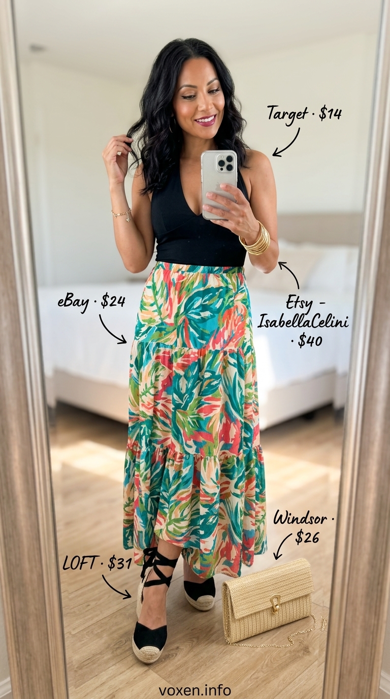Flowy maxi skirt outfits summer 2026: Tropical print maxi skirt with halter crop top and espadrilles for vacation.