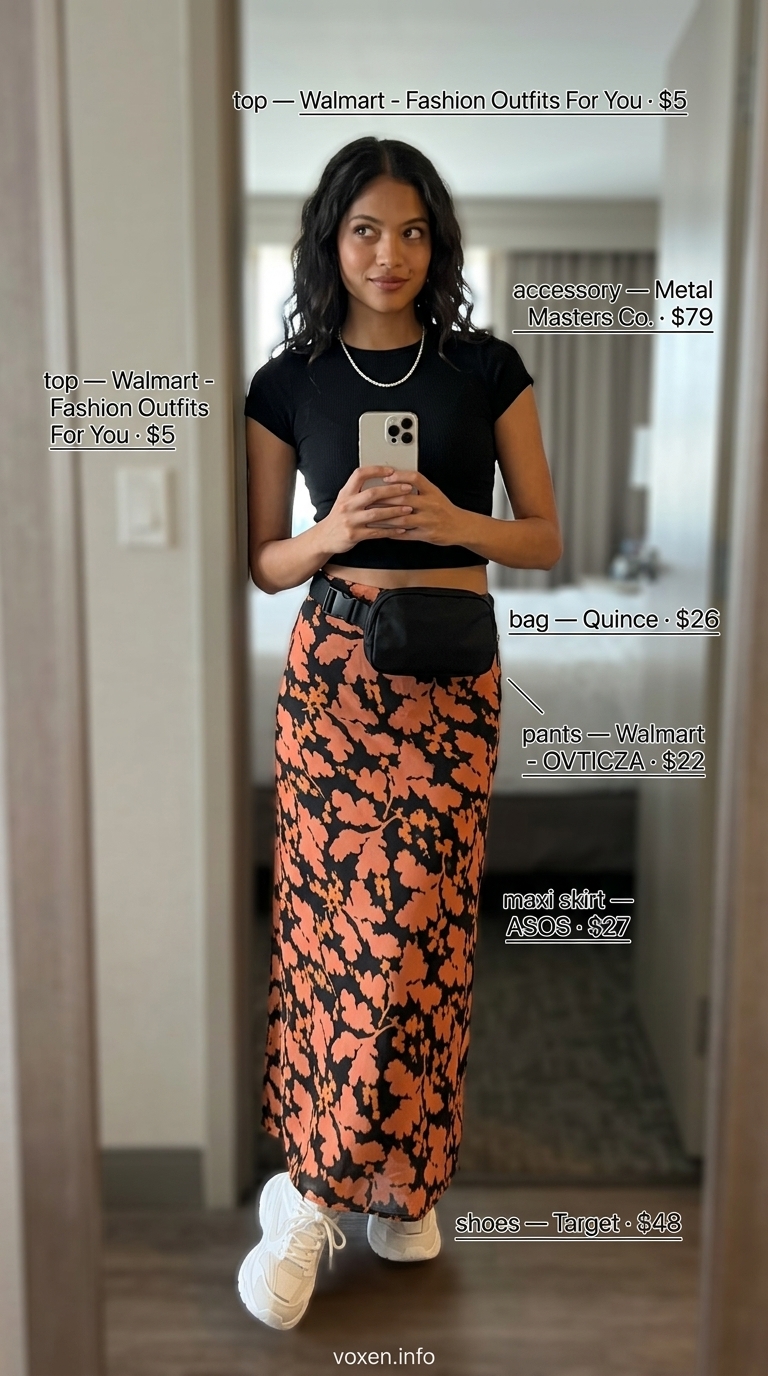 Urban explorer outfit with olive green cargo pants, white crop top, and flowy maxi skirt.