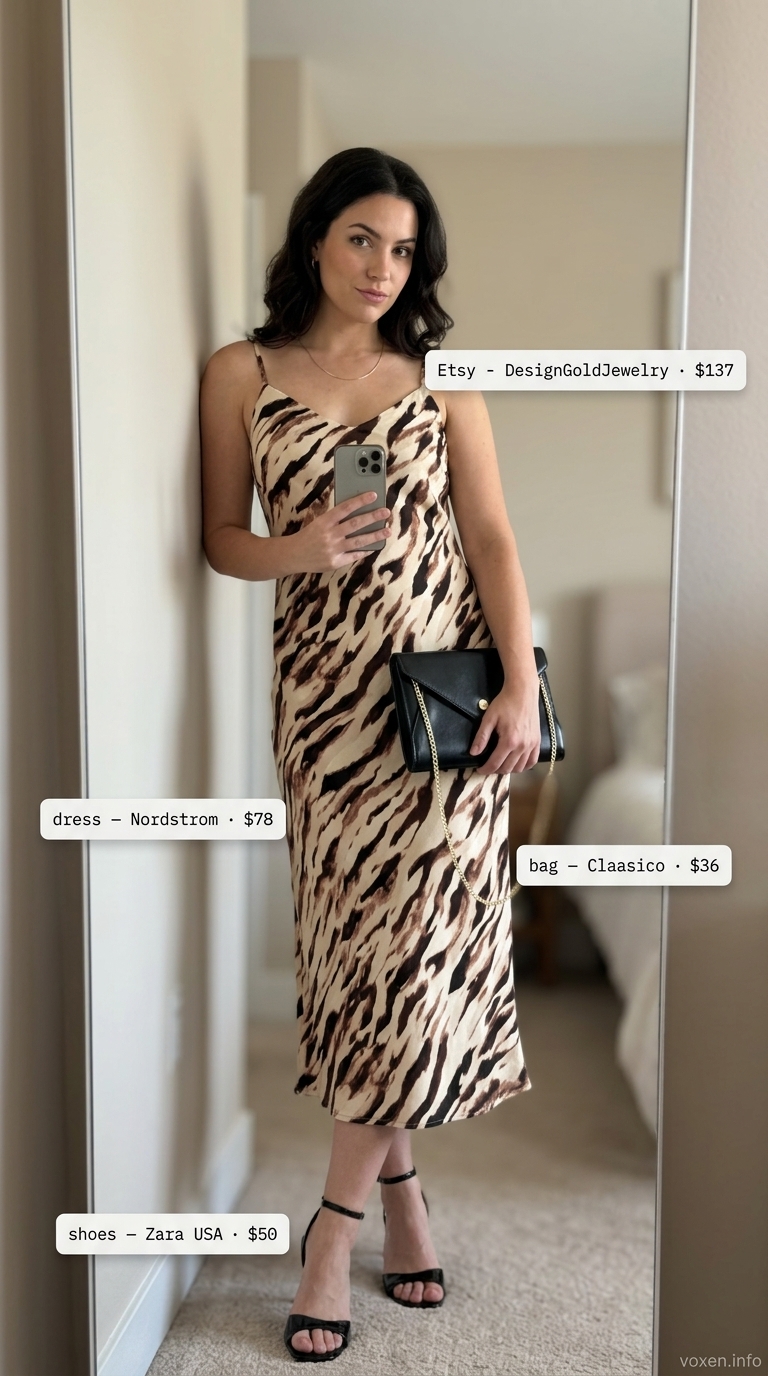 Warm brown animal print slip dress, black strappy heels for fresh prints summer outfits for women 2026.