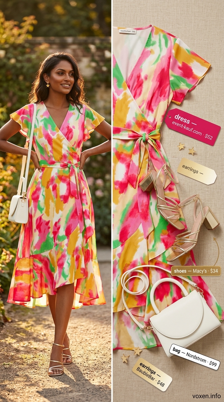 Fresh prints summer outfits for women 2026: Fuchsia floral wrap dress, gold sandals, and white bag for art gallery.