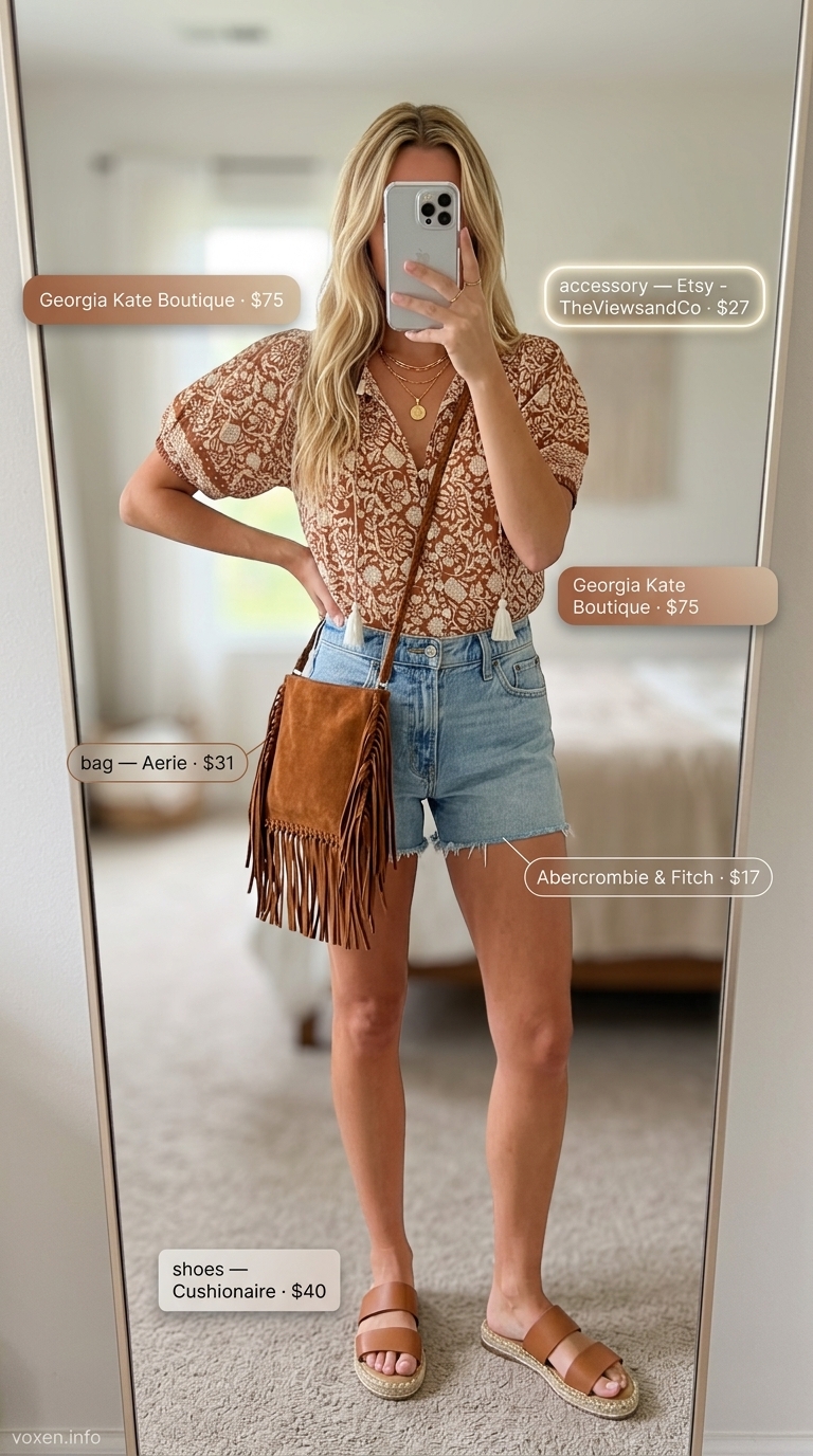 Terracotta ikat print blouse, denim shorts, suede fringe bag for fresh prints summer outfits for women 2026.
