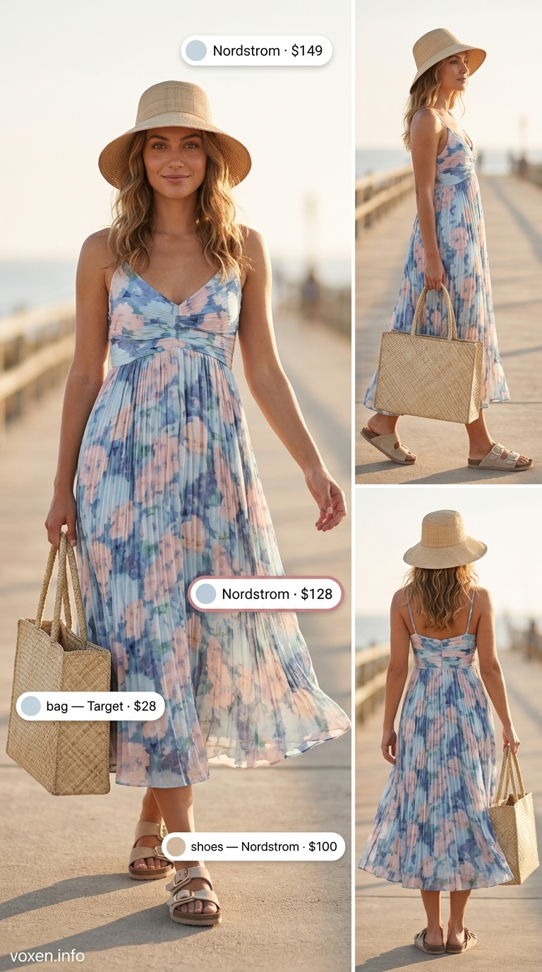 Fresh prints summer outfits for women 2026: Flowy ocean blue maxi dress, straw tote, and slides for beach vacation.
