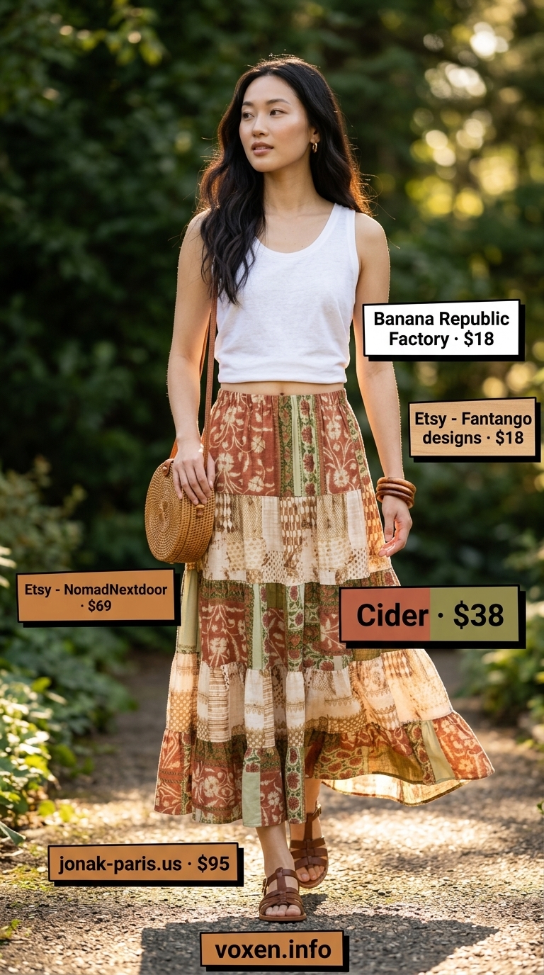 Terracotta & olive green print maxi skirt, cream tank, rattan bag. Fresh prints summer outfits for women 2026.