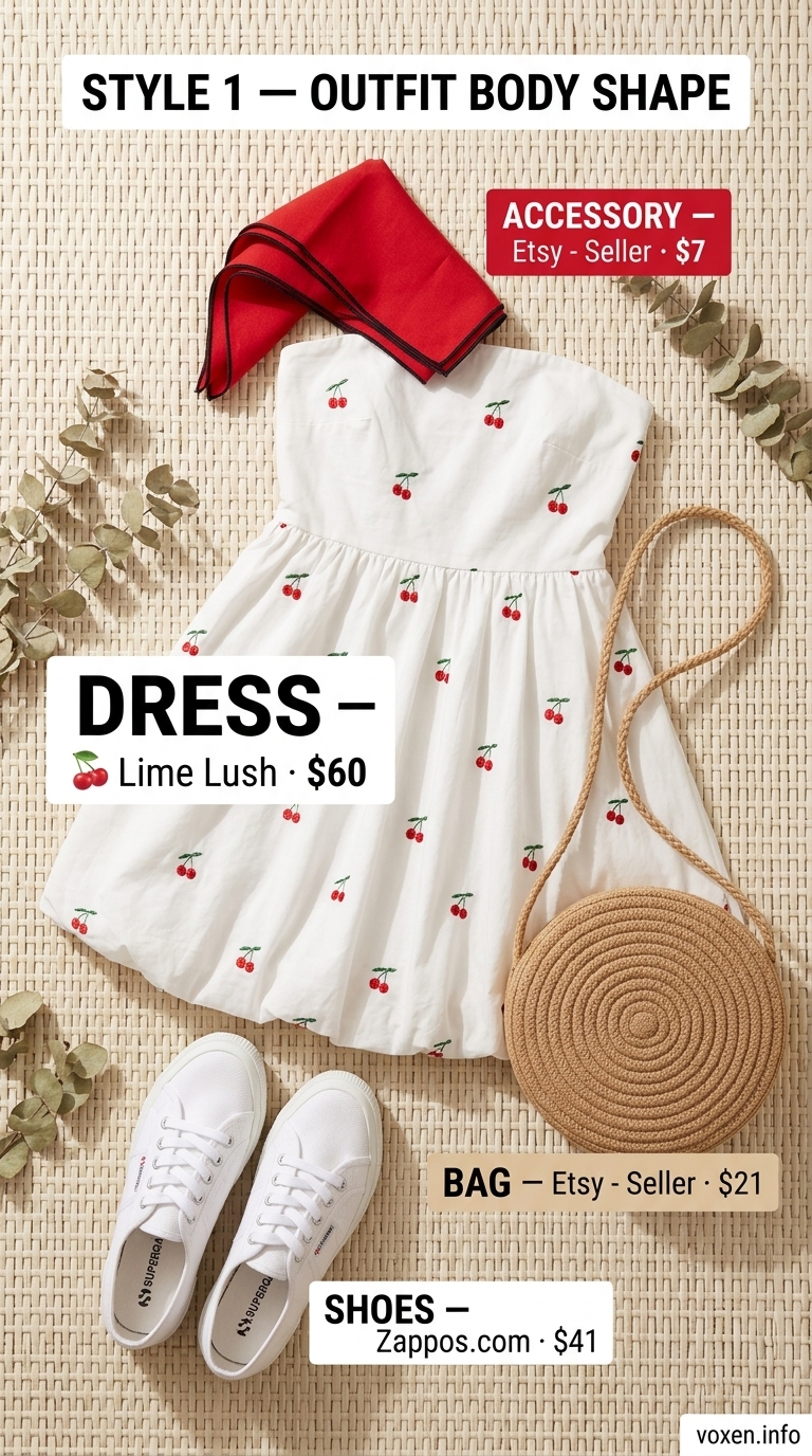 Fresh prints summer outfits for women 2026: Red cherry print mini sundress, white sneakers, and red bandana for a picnic.
