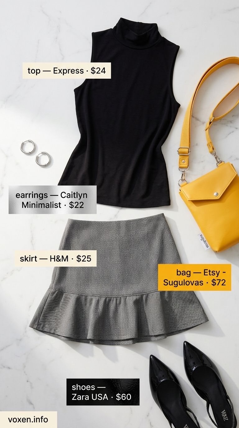Fresh prints summer outfits for women 2026: Grey houndstooth skirt, black top, and yellow bag for city stroll.