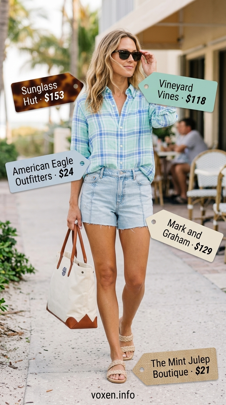 Seafoam green linen shirt, light wash denim shorts, jute sandals for fresh prints summer outfits for women 2026.