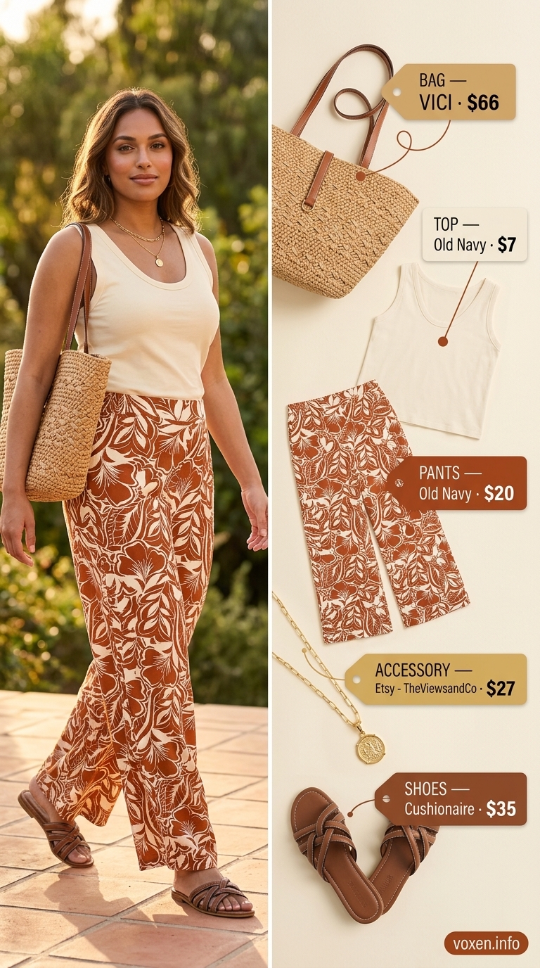 Fresh prints summer outfits for women 2026: Terracotta wide-leg pants, cream tank, and straw tote for brunch.
