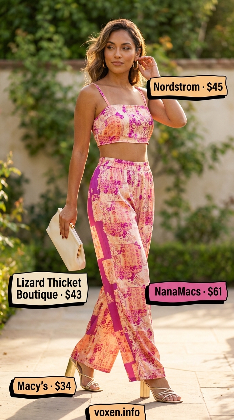 Magenta floral print wrap top and wide-leg pants set for fresh prints summer outfits for women 2026.