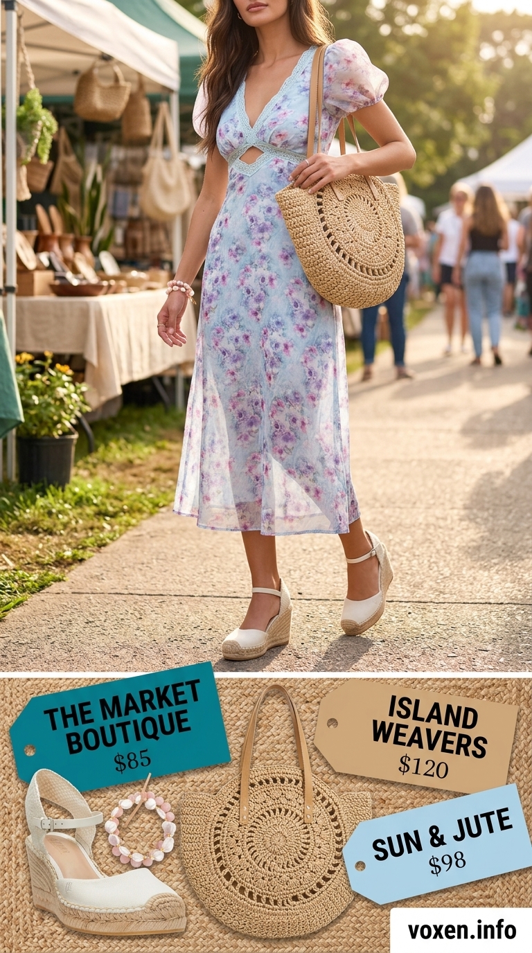 Sky blue floral smocked midi dress, straw tote bag for fresh prints summer outfits for women 2026.