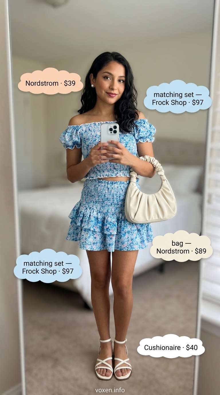 Pastel blue floral print crop top & midi skirt set, cream bag. Fresh prints summer outfits for women 2026.