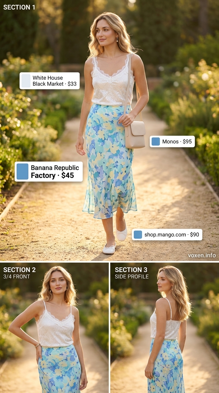 Fresh prints summer outfits for women 2026: Pastel blue floral midi skirt, yellow camisole, and ballet flats for garden walk.