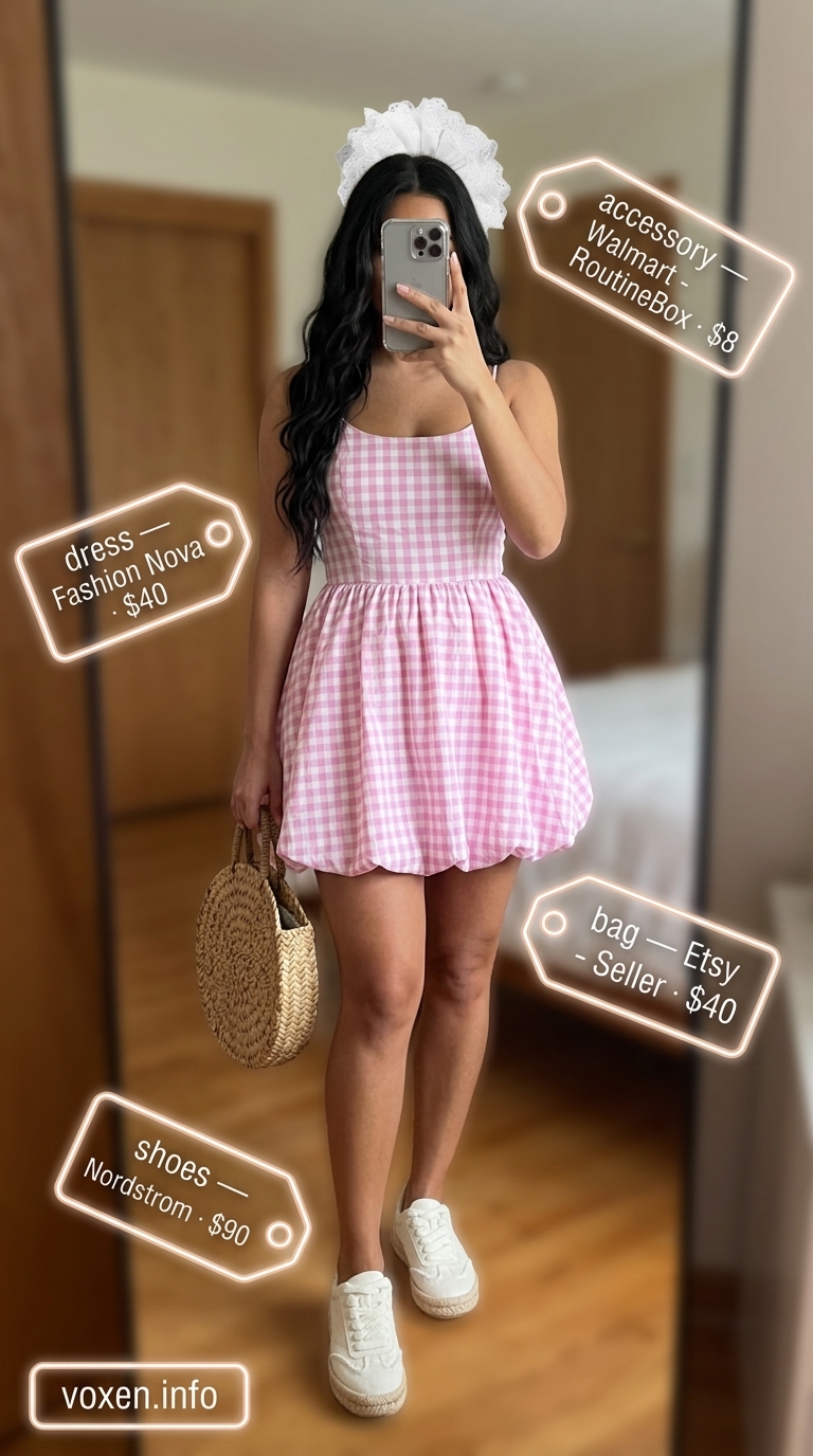 Soft pink gingham sundress, straw basket bag, white sneakers for fresh prints summer outfits for women 2026.