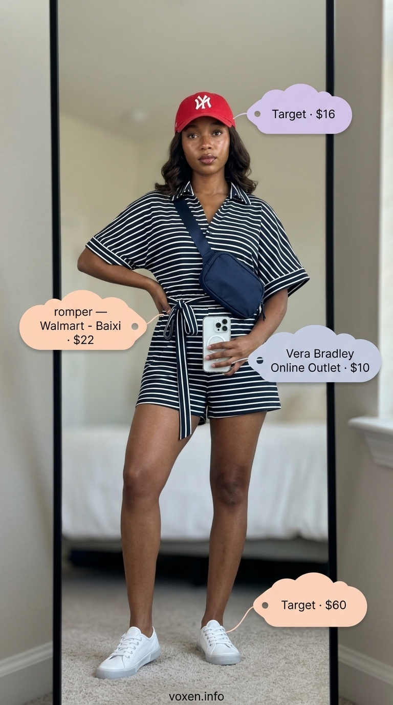 Navy & white stripe romper, red cap, white sneakers. Fresh prints summer outfits for women 2026.