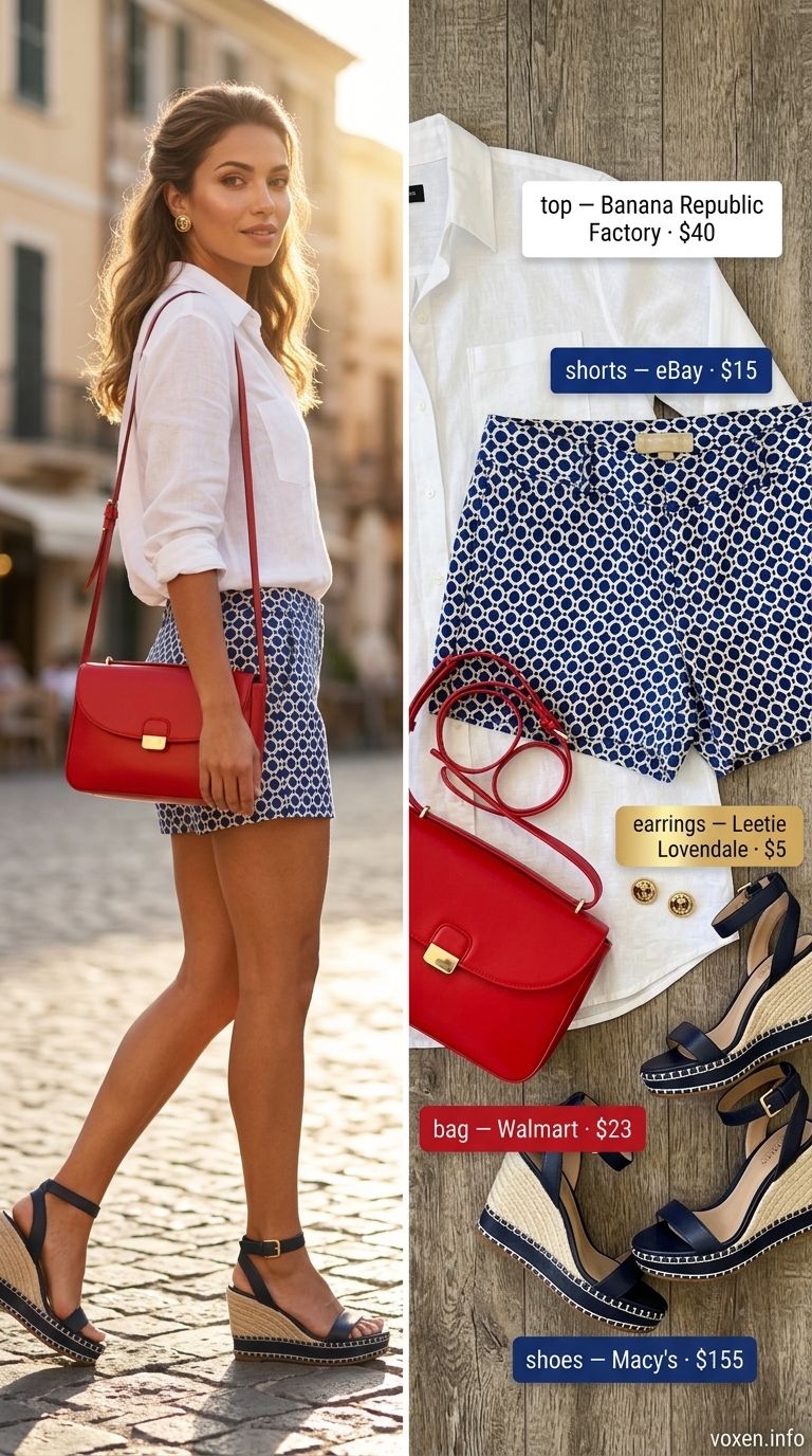 Fresh prints summer outfits for women 2026: Navy geometric shorts, white shirt, and espadrilles for nautical lunch.