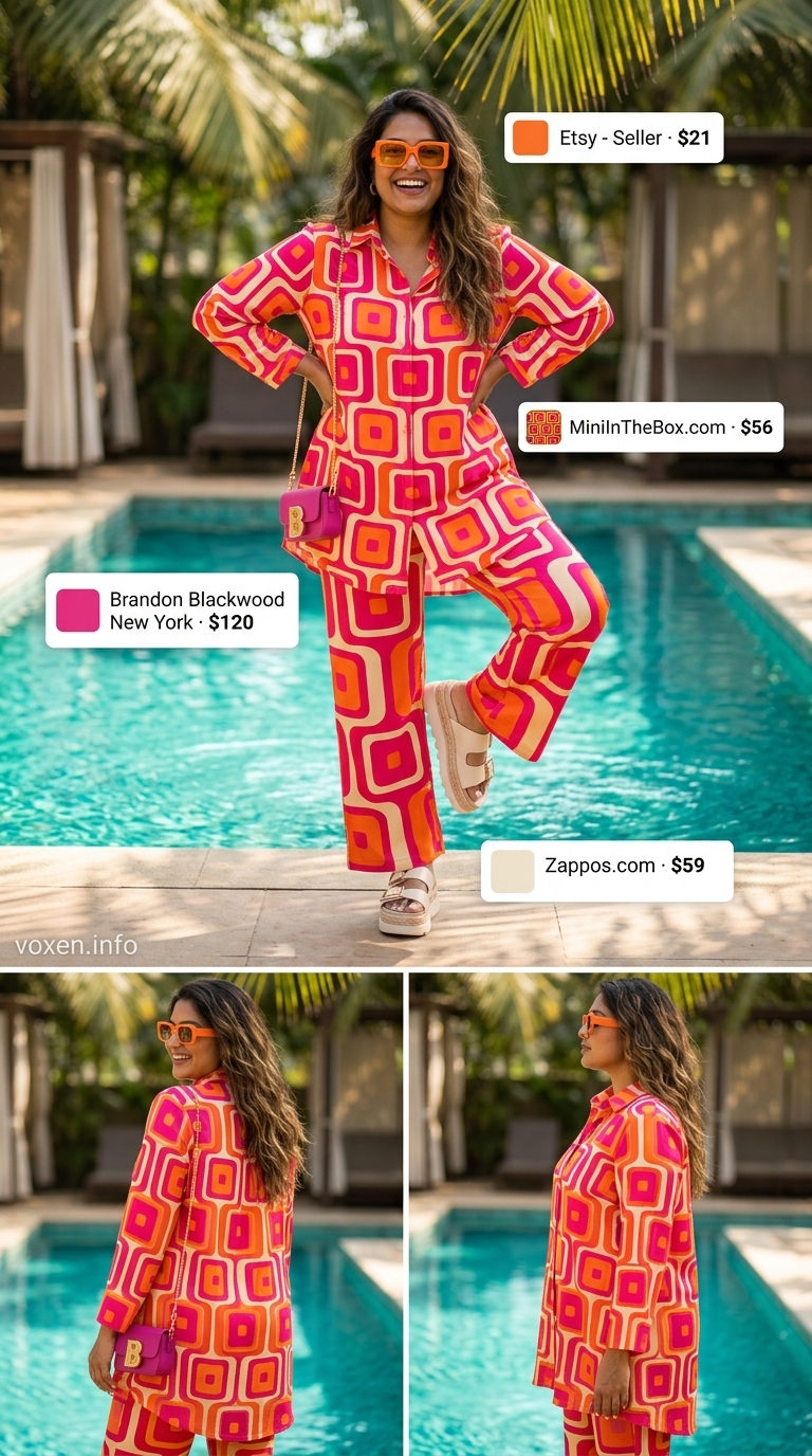 Fresh prints summer outfits for women 2026: Retro geometric matching set, platform sandals, and mini bag for pool party.