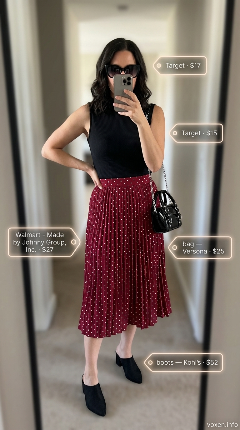 Red polka dot midi skirt, black mock neck top, cat-eye sunglasses for fresh prints summer outfits for women 2026.