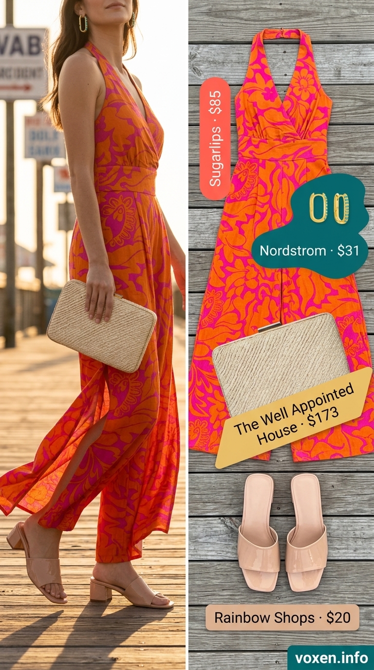 Fuchsia & orange tropical jumpsuit, straw clutch, heeled mules. Fresh prints summer outfits for women 2026.