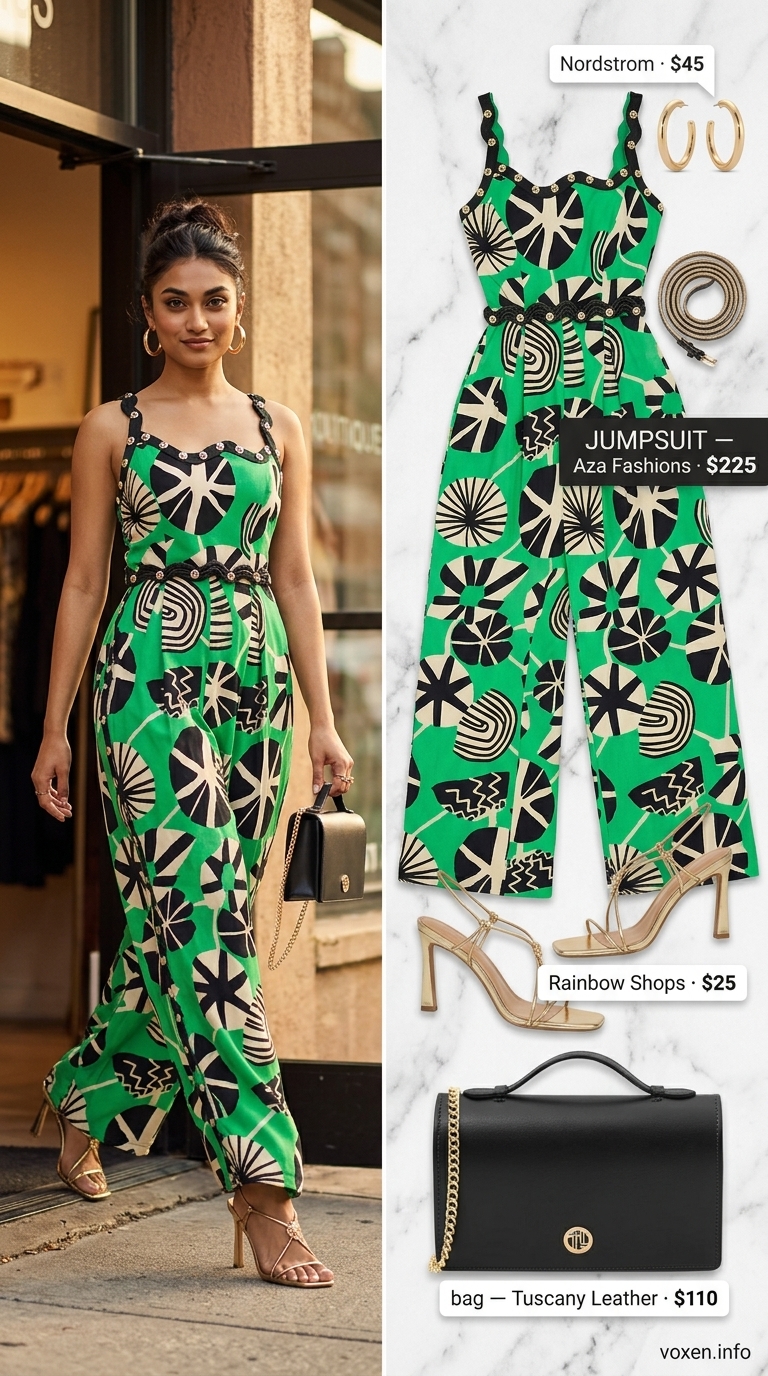 Fresh prints summer outfits for women 2026: Emerald green tropical jumpsuit, gold hoops, and black clutch for evening.