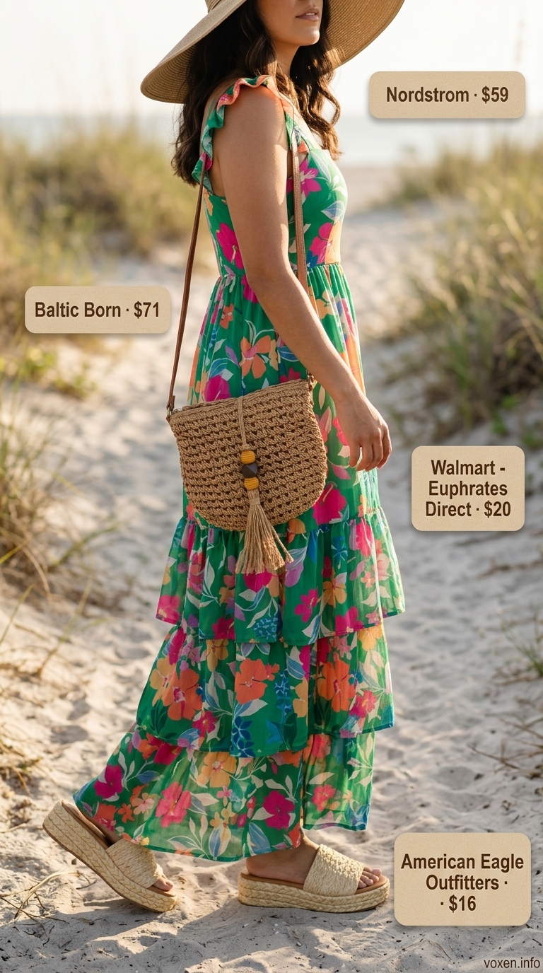 Emerald green maxi dress with tropical print, straw hat & espadrilles. Fresh prints summer outfits for women 2026.