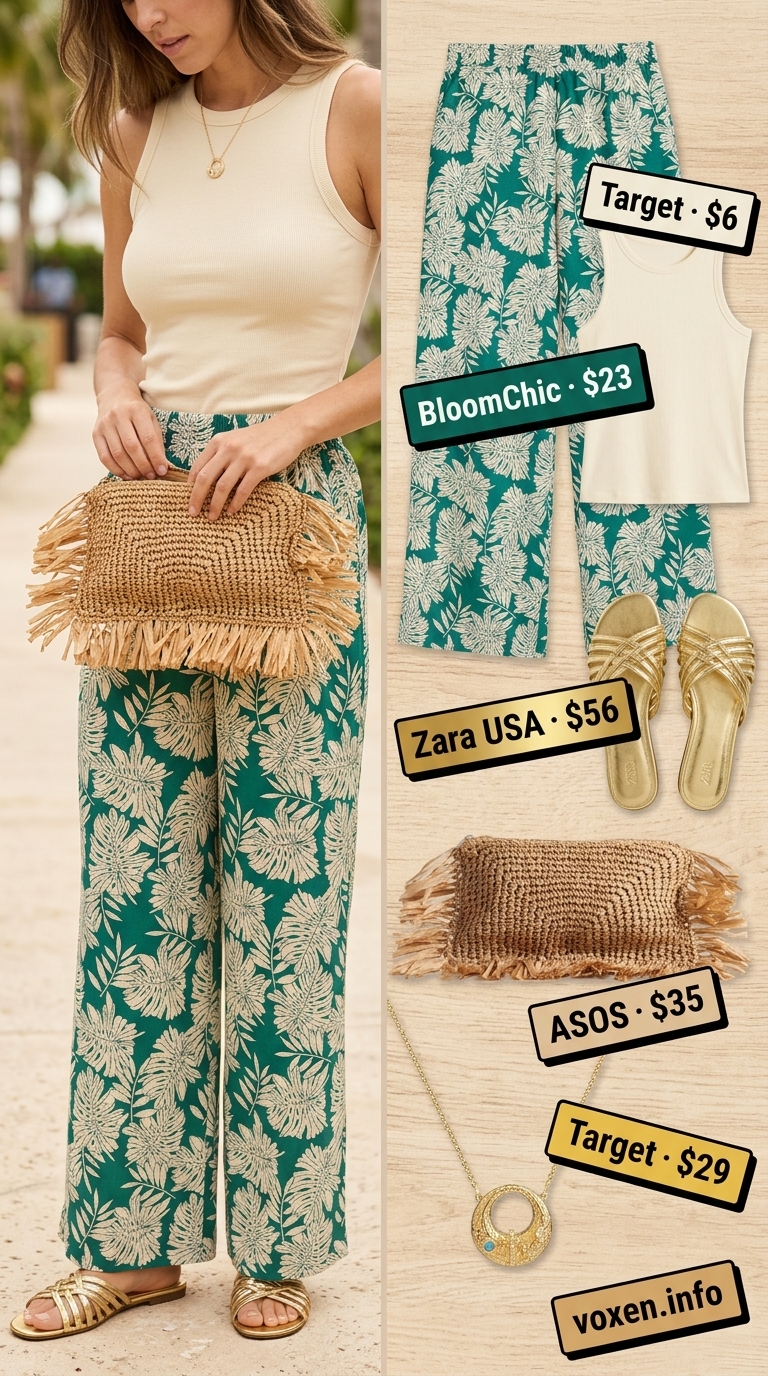 Emerald green tropical print palazzo pants, cream tank top, gold necklace for fresh prints summer outfits for women 2026.