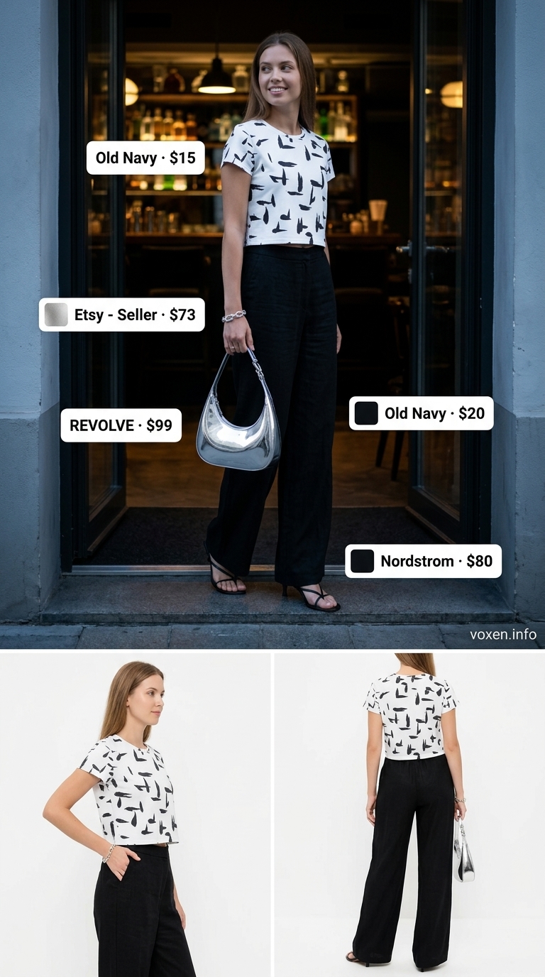 Fresh prints summer outfits for women 2026: Black & white graphic crop top, linen pants, and silver metallic bag for evening.
