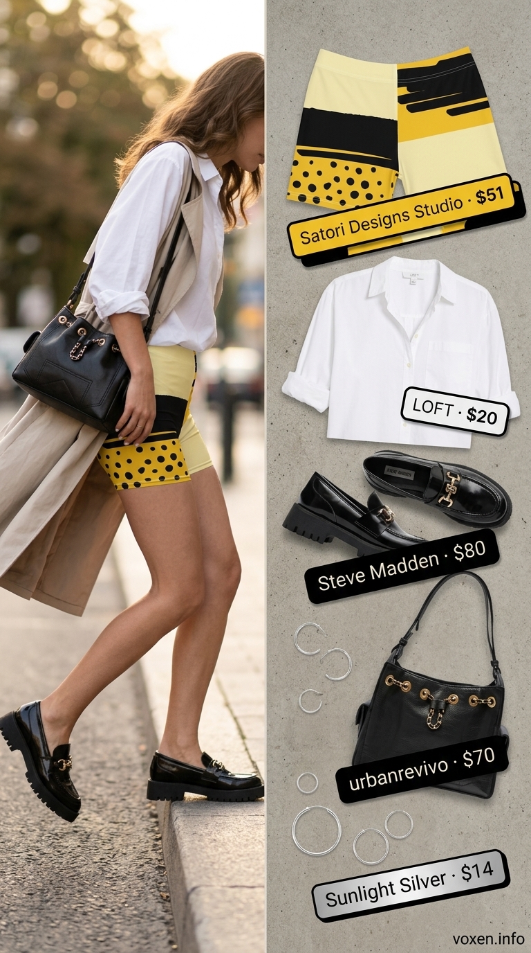 Khaki shorts with abstract print, white oversized shirt, and loafers. Fresh prints summer outfits for women 2026.