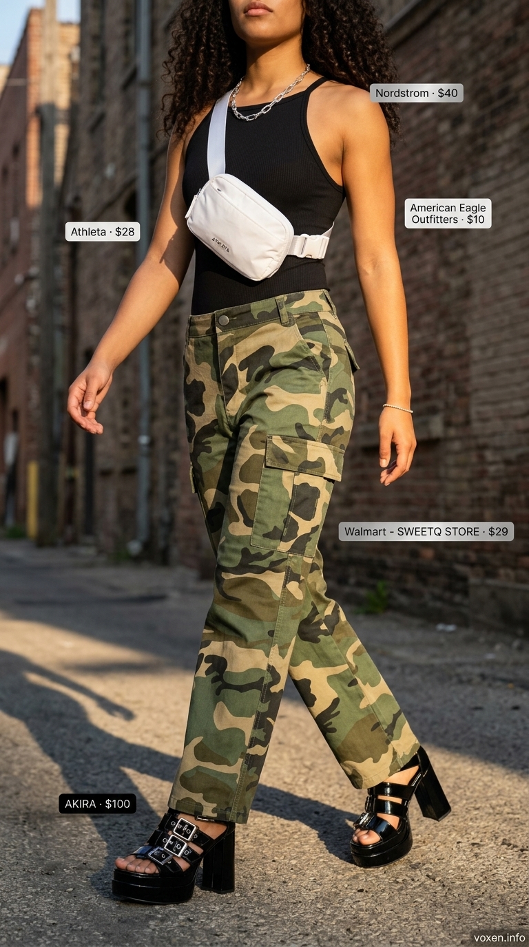 Olive green camo cargo pants, black bodysuit, platform sandals. Fresh prints summer outfits for women 2026.