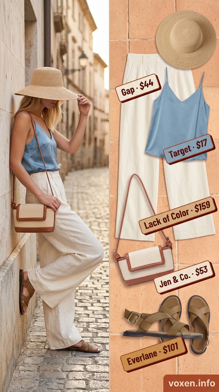 Greek island summer outfits for women 2026: White linen trousers, sky blue camisole, straw hat for Aegean brunch.
