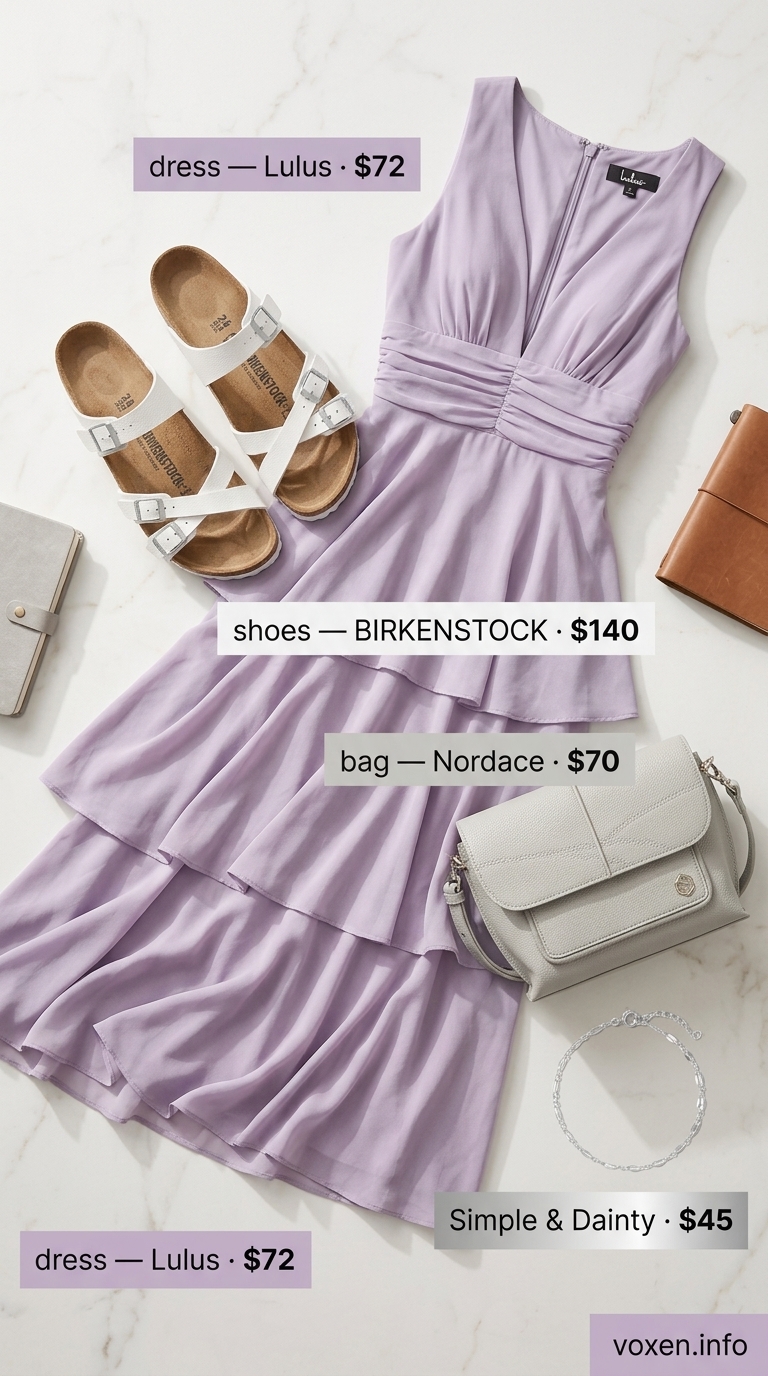 Greek island summer outfits for women 2026: Lavender cotton dress, white sandals, aviator sunglasses for ancient ruins exploration.